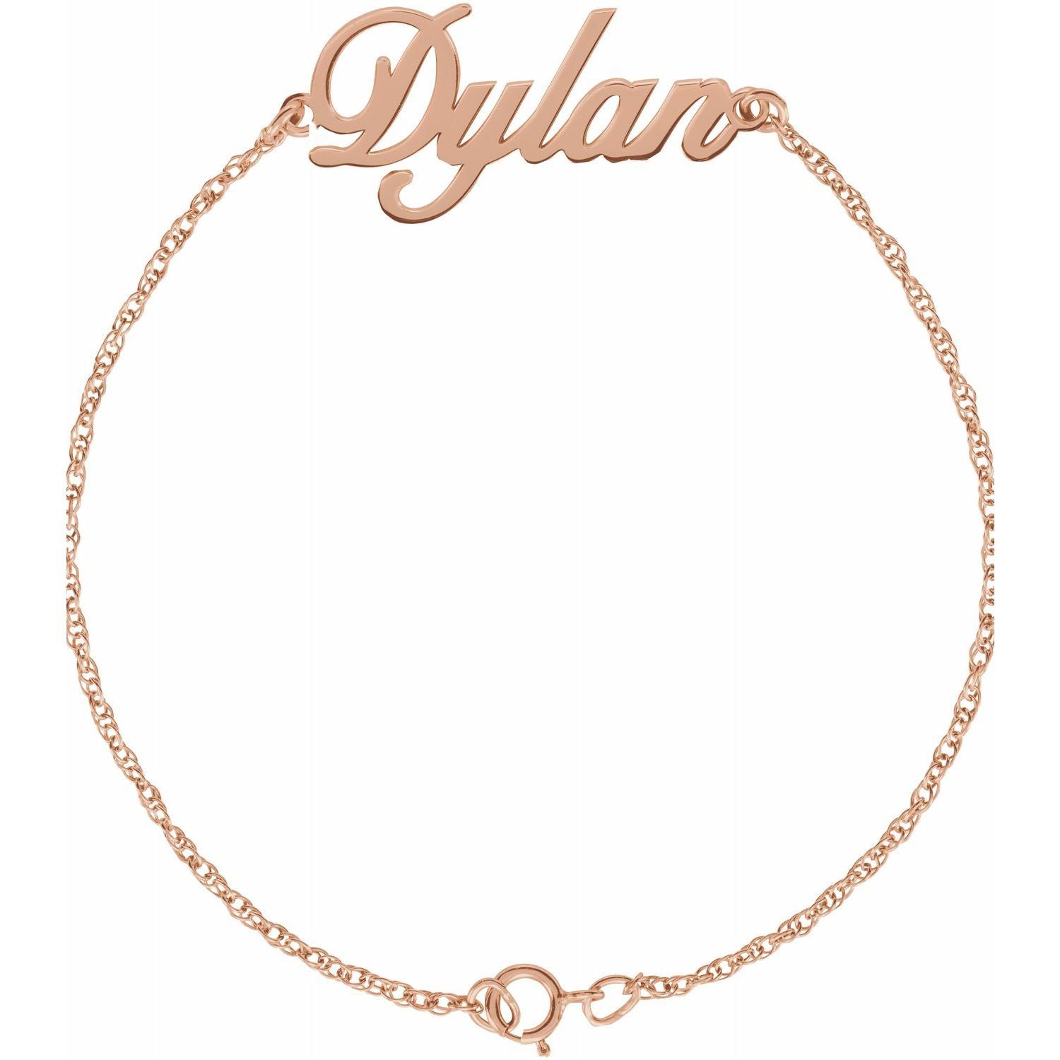 14kt rose gold script nameplate bracelet with a cable chain and spring ring clasp