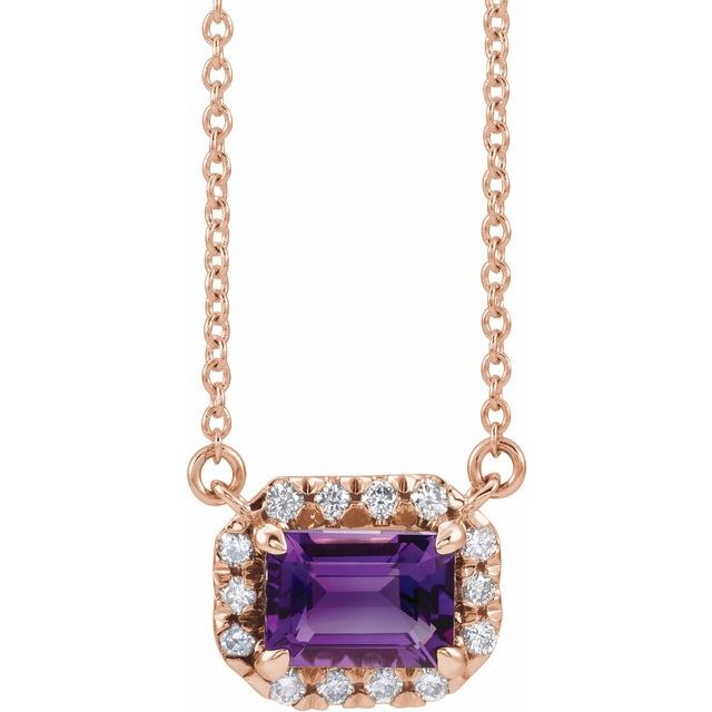 14K Rose 5x3 mm Natural Amethyst & 1/8 CTW Natural Diamond Halo-Style 18" Necklace