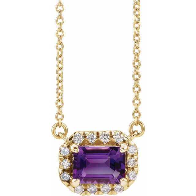 14K Yellow 5x3 mm Natural Amethyst & 1/8 CTW Natural Diamond Halo-Style 18" Necklace