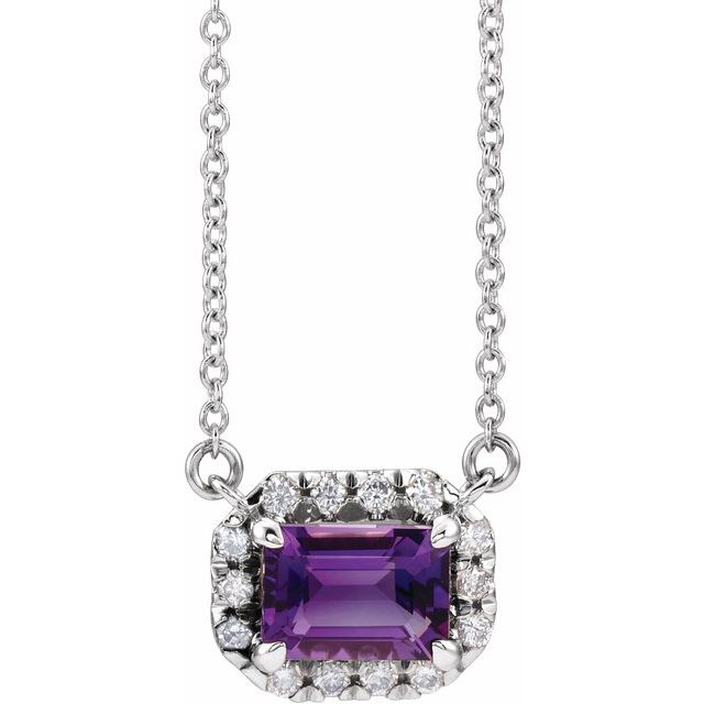14K White 5x3 mm Natural Amethyst & 1/8 CTW Natural Diamond Halo-Style 18" Necklace