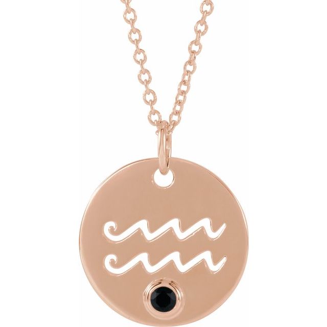 14K Rose Natural Black Spinel Aquarius Zodiac 16-18" Necklace