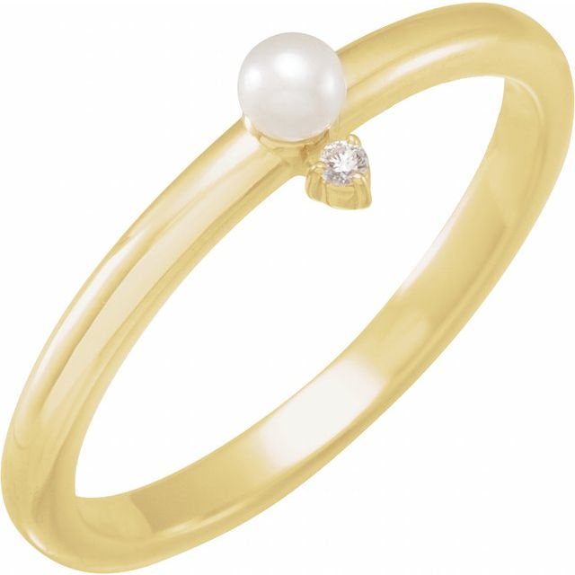 14K Rose Cultured White Seed Pearl & .015 CT Natural Diamond Ring