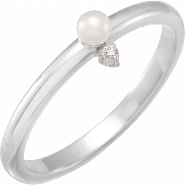 14K Rose Cultured White Seed Pearl & .015 CT Natural Diamond Ring