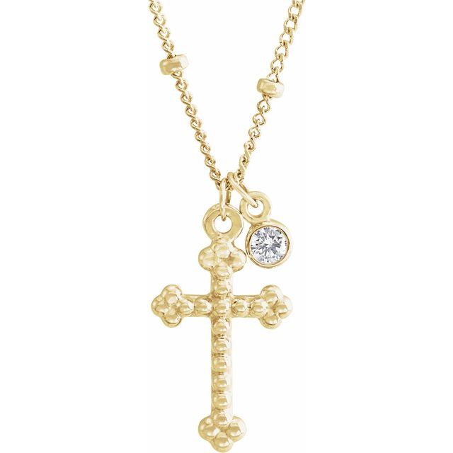 14K Yellow .06 CT Diamond Dangle & Beaded Cross 20" Necklace
