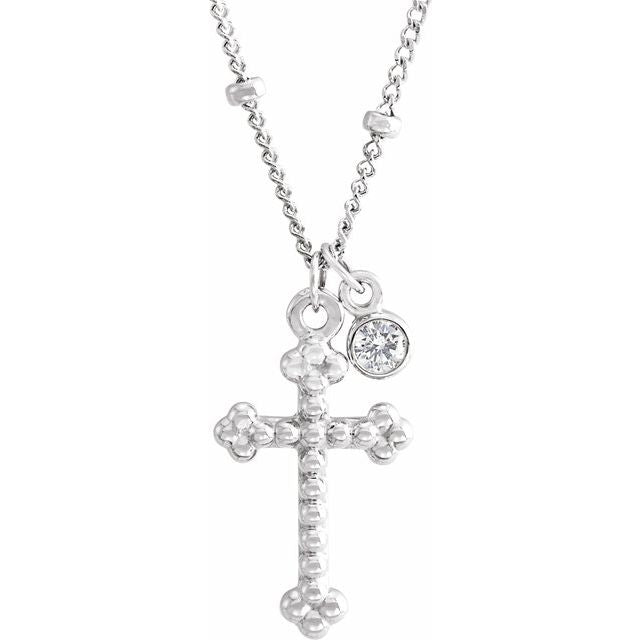 14K White .06 CT Diamond Dangle & Beaded Cross 20" Necklace