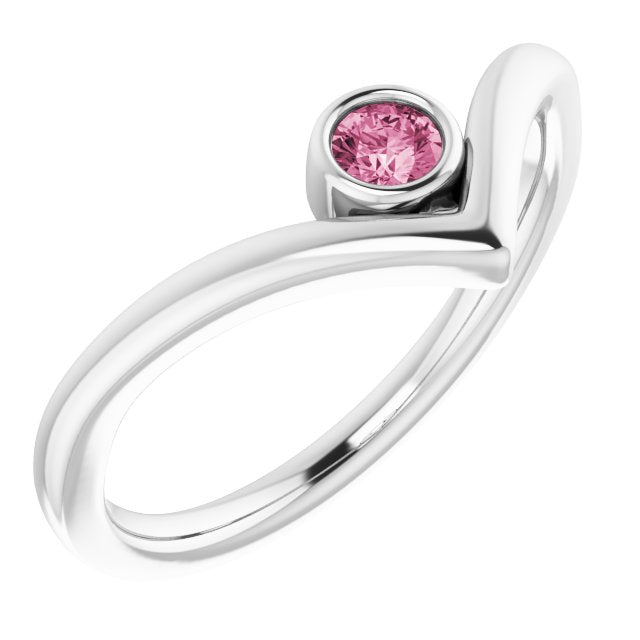 14K White Natural Pink Tourmaline Bezel-Set V Ring