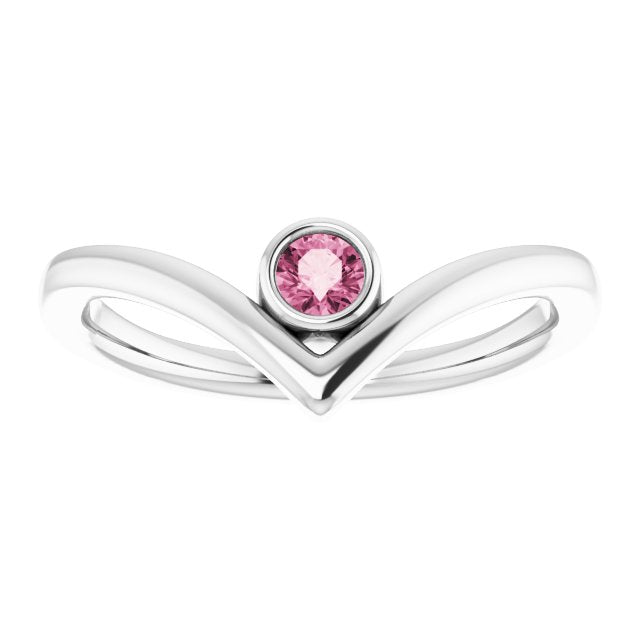 14K White Natural Pink Tourmaline Bezel-Set V Ring