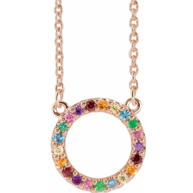 14K Yellow Natural Multi-Gemstone Rainbow Circle 16" Necklace