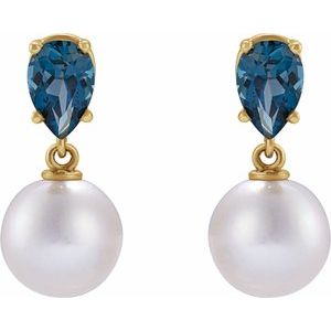 14K Yellow Cultured White Akoya Pearl & Natural London Blue Topaz Earrings