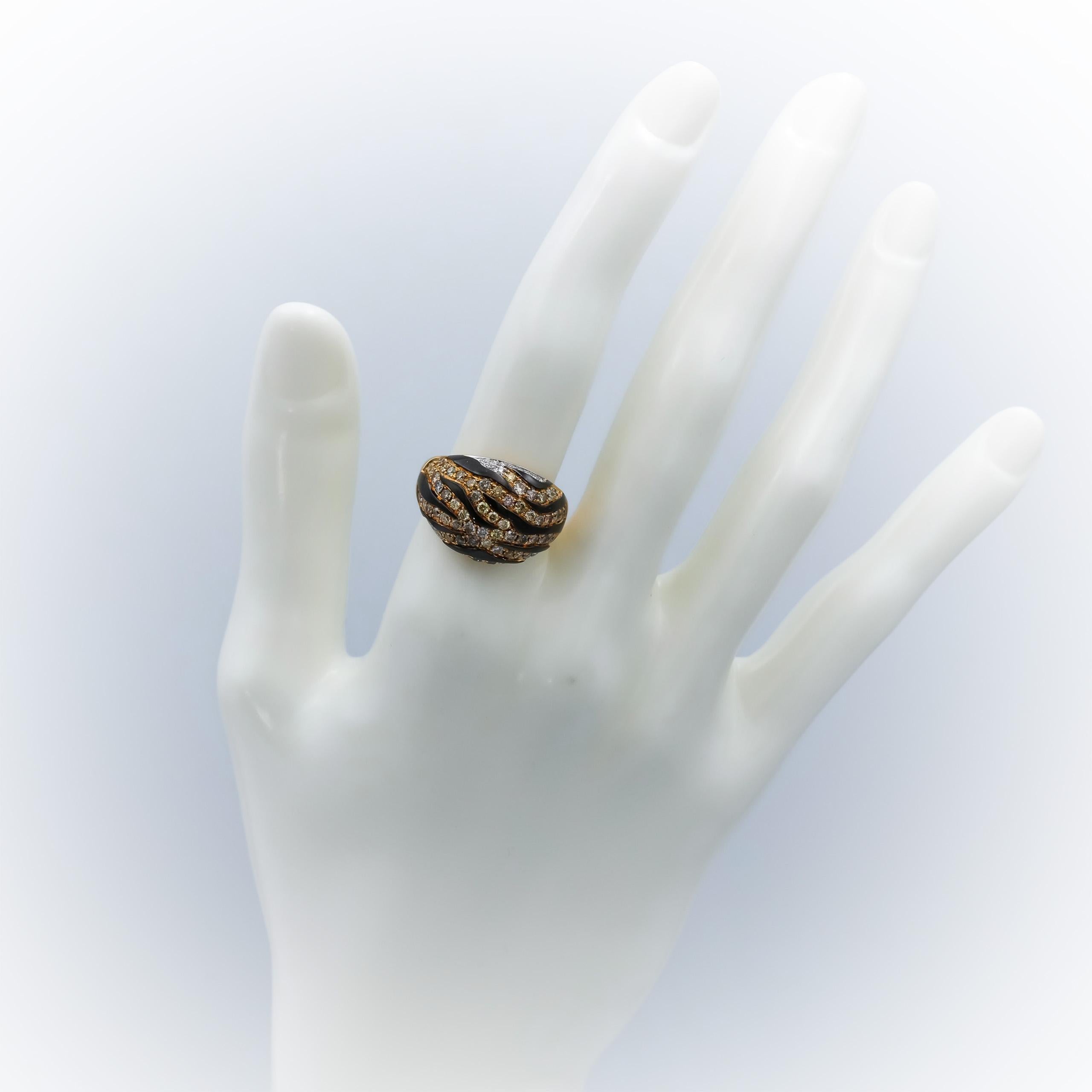 14k Yellow Gold Round Diamond and Enamel Animal Stripe Dome Ring 1.10CT Size 6.5