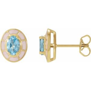 14K Yellow Natural Sky Blue Topaz & White Enamel Stud Earrings