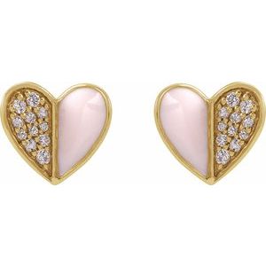 14K Yellow 1/10 Natural Diamond & Pink Enamel Heart Earrings