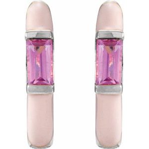 14K White Natural Pink Tourmaline & Pink Enamel Hinged 11 mm Hoop Earrings
