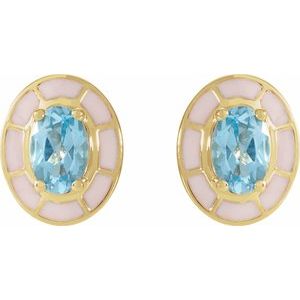 14K Yellow Natural Sky Blue Topaz & White Enamel Stud Earrings
