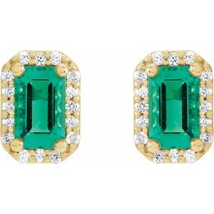 14K Yellow Lab-Grown Emerald & .07 CTW Natural Diamond Halo-Style Earrings