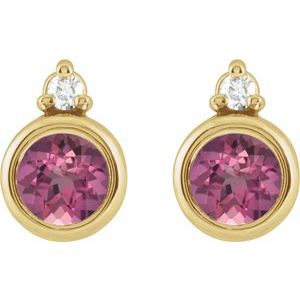 14K Yellow 4 mm Natural Pink Tourmaline & .03 CTW Natural Diamond Earrings