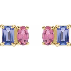 14K Yellow Natural Tanzanite & Natural Pink Tourmaline Two-Stone Stud Earrings