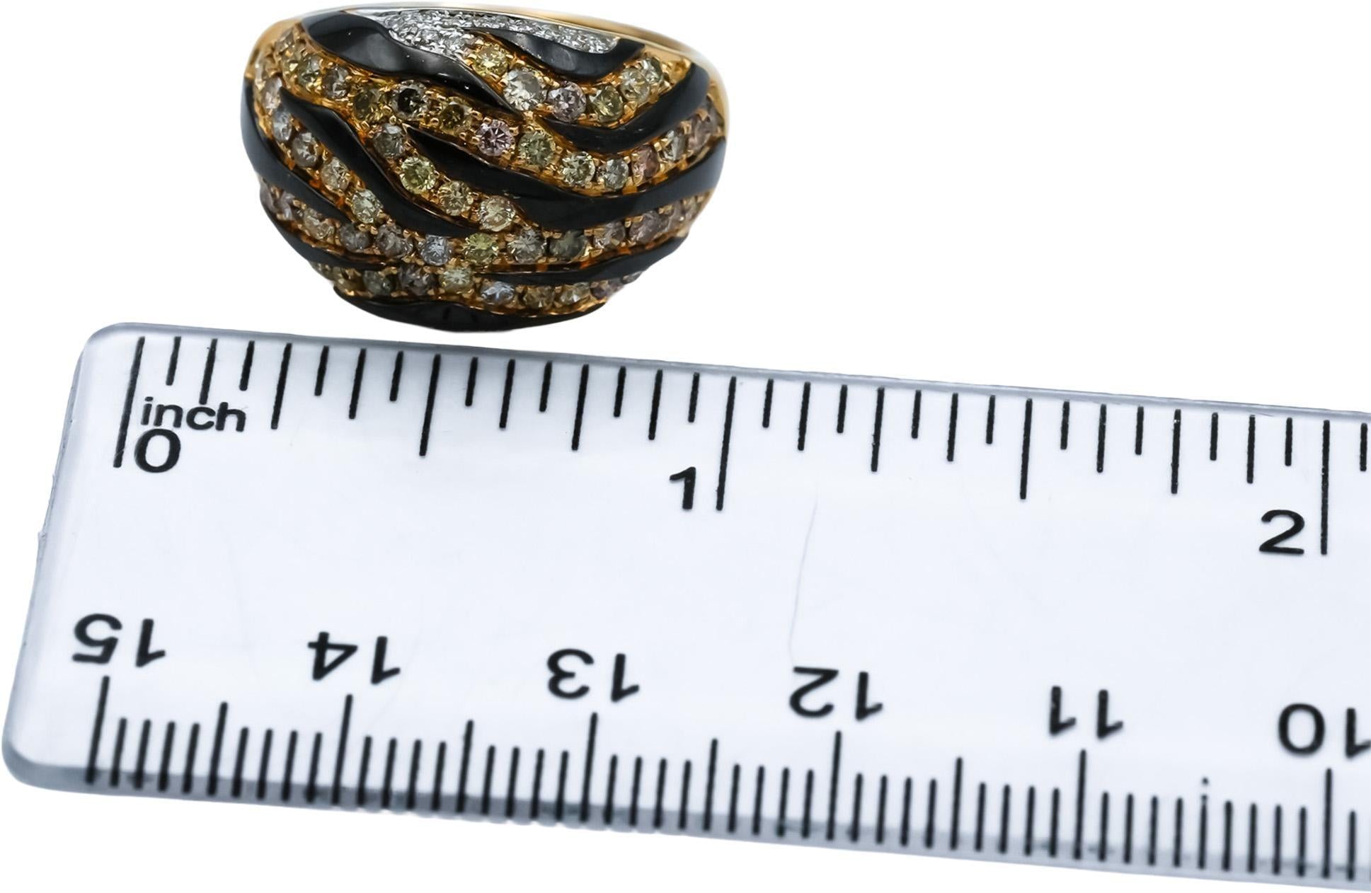 14k Yellow Gold Round Diamond and Enamel Animal Stripe Dome Ring 1.10CT Size 6.5