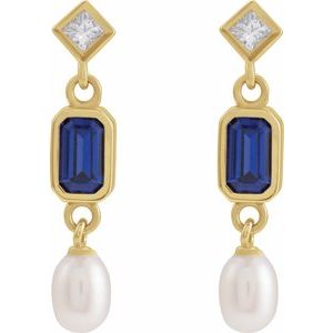 14K Yellow Cultured White Pearl Natural Diamond Earrings
