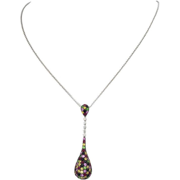 14k White Gold Round Diamond & Rainbow Gemstone Cluster Pendant Necklace 1.50CTW