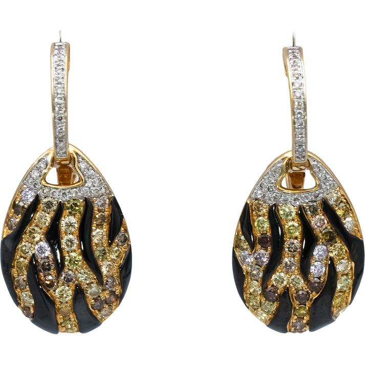 14k Yellow Gold Round Diamond & Enamel Animal Stripe Drop Dangle Earrings 1.25CT