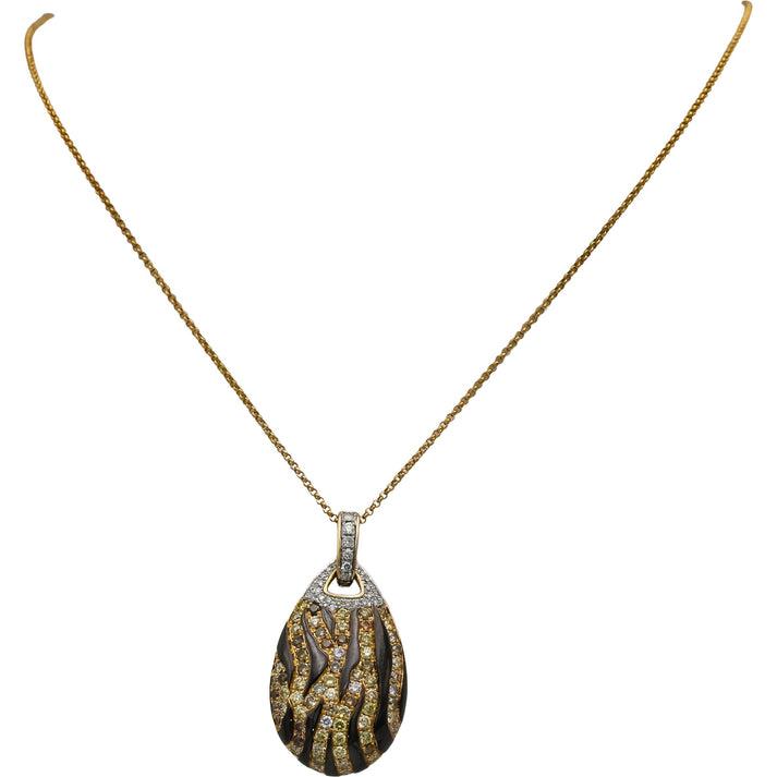 14k Yellow Gold Round Diamond and Enamel Animal Stripe Pendant Necklace 1.25CT
