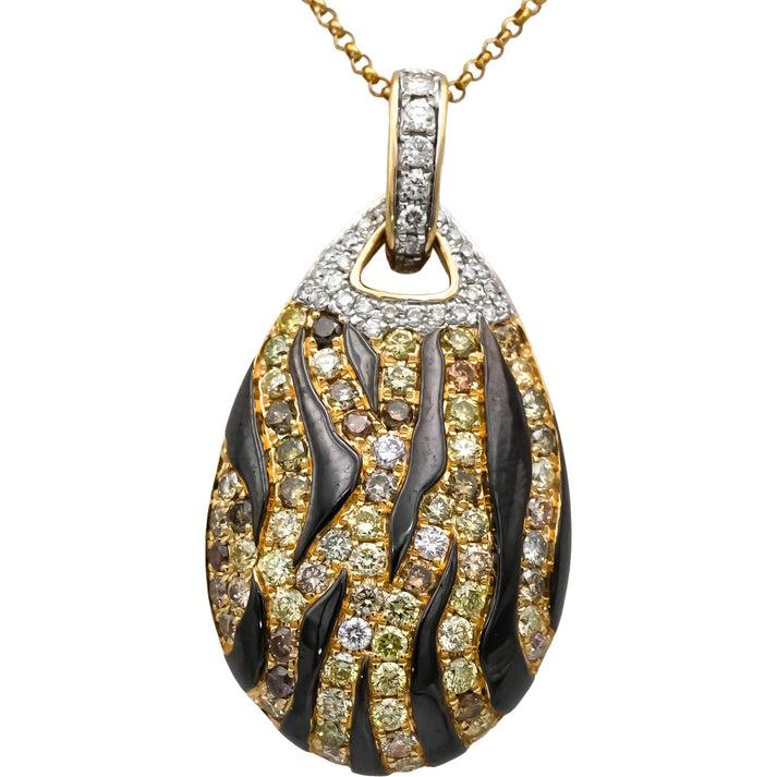 14k Yellow Gold Round Diamond and Enamel Animal Stripe Pendant Necklace 1.25CT