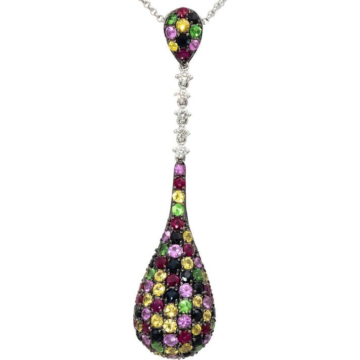 14k White Gold Round Diamond & Rainbow Gemstone Cluster Pendant Necklace 1.50CTW