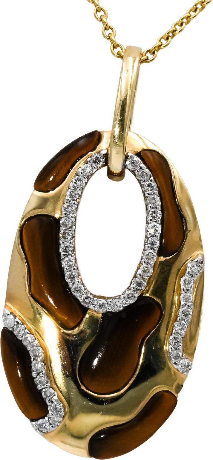 14k Yellow Gold Diamond and Tiger's Eye Pendant Necklace 0.25CT