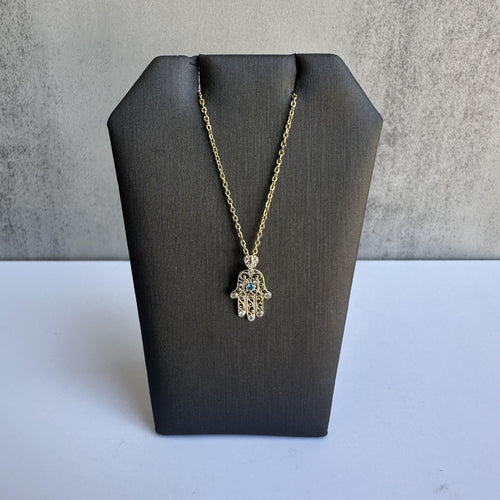 Estate 14kt Yellow Gold Diamond and Blue Zircon Hamsa Necklace - 0.06ctw Diamond