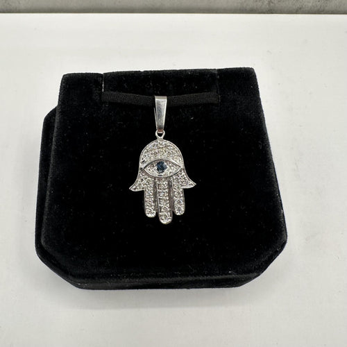 Estate Diamond and Sapphire Hamsa Pendant in 18kt White Gold