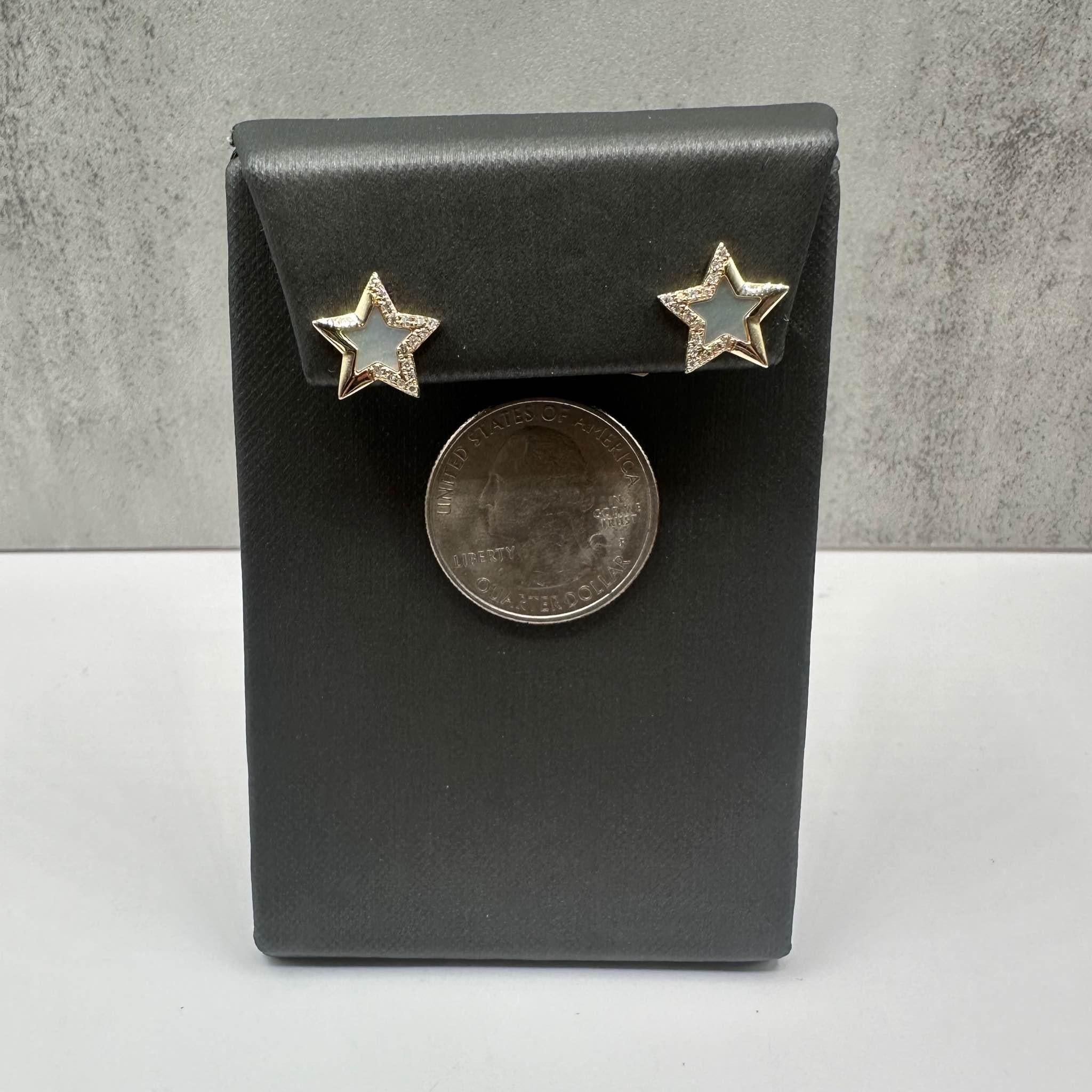 Effy Mother of Pearl Diamond Star Earrings 14K Yellow Gold 0.11ctw New
