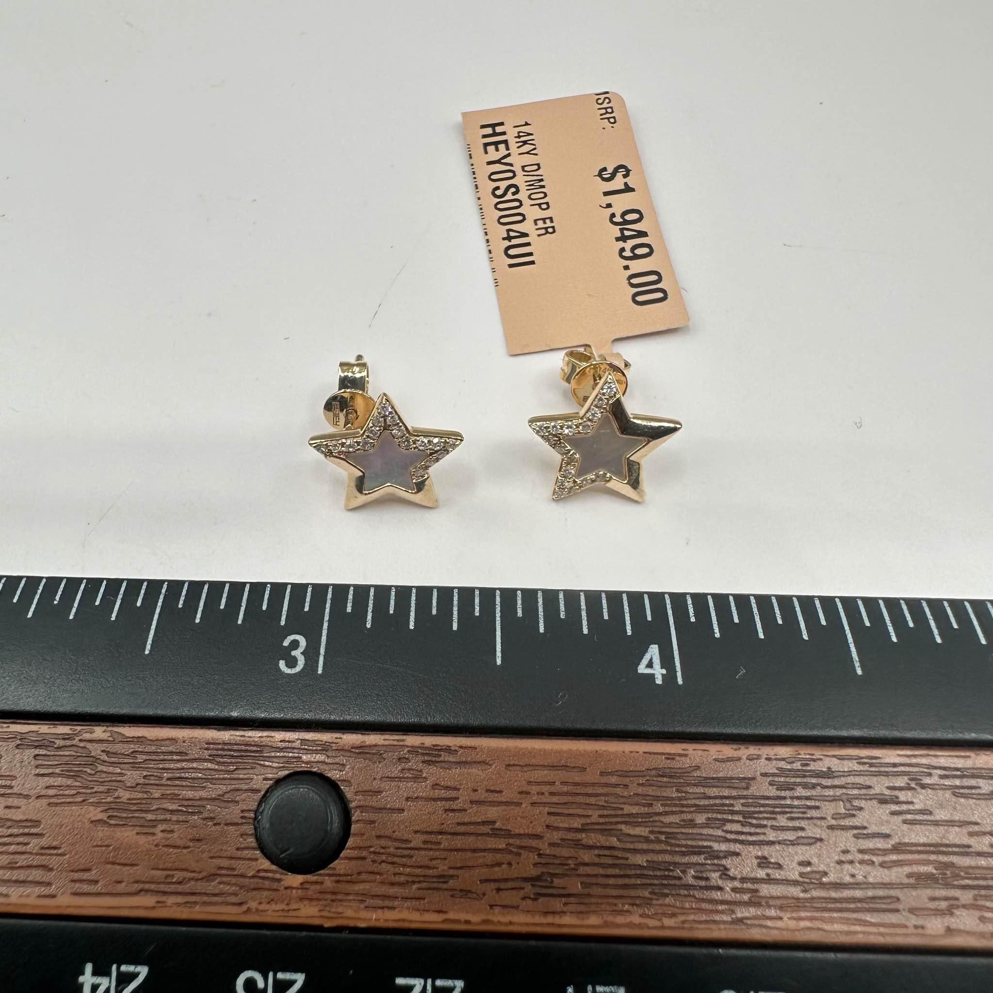 Effy Mother of Pearl Diamond Star Earrings 14K Yellow Gold 0.11ctw New