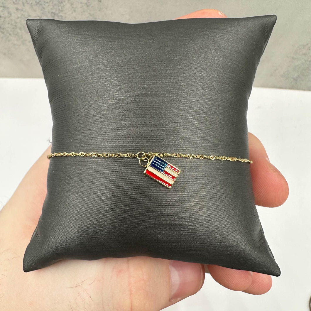 Patriotic Enamel Bracelet/Anklet in 14kt Yellow Gold - 3 American Flags, Adj.