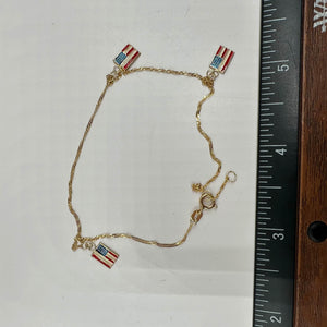 Patriotic Enamel Bracelet/Anklet in 14kt Yellow Gold - 3 American Flags, Adj.