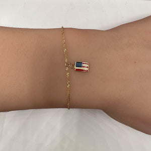 Patriotic Enamel Bracelet/Anklet in 14kt Yellow Gold - 3 American Flags, Adj.