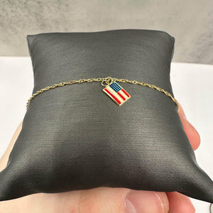 Patriotic Enamel Bracelet/Anklet in 14kt Yellow Gold - 3 American Flags, Adj.