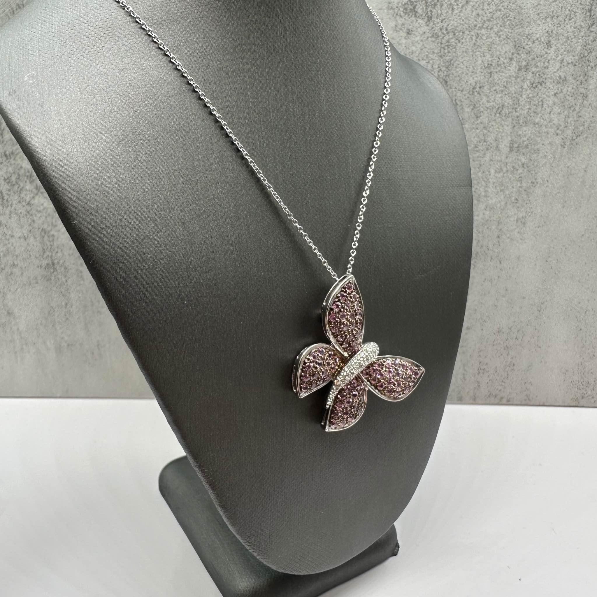 Estate Diamond Sapphire Butterfly Brooch Necklace 0.10ctw Pre Loved