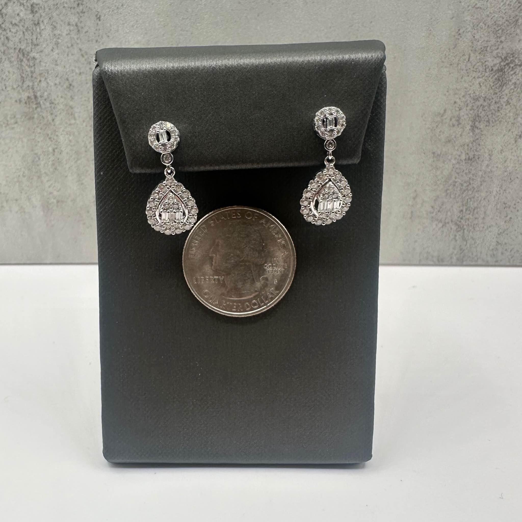 Diamond Drop Earrings 10K White Gold 1ctw GH SI Baguette Round Diamonds