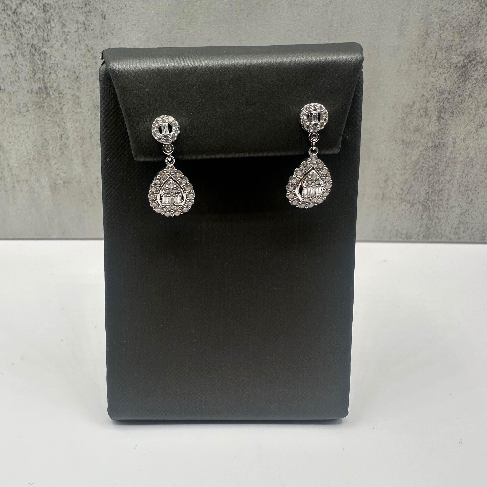 Diamond Drop Earrings 10K White Gold 1ctw GH SI Baguette Round Diamonds