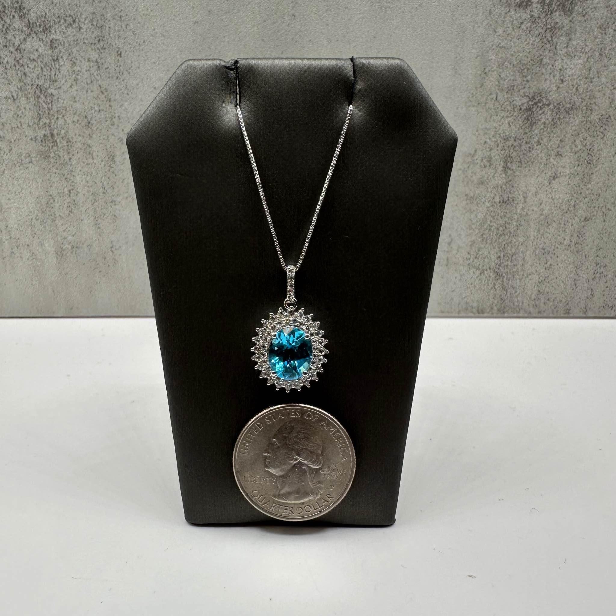 Blue Topaz Necklace Sterling Silver 10x8mm 0.40ctw White Topaz 18in