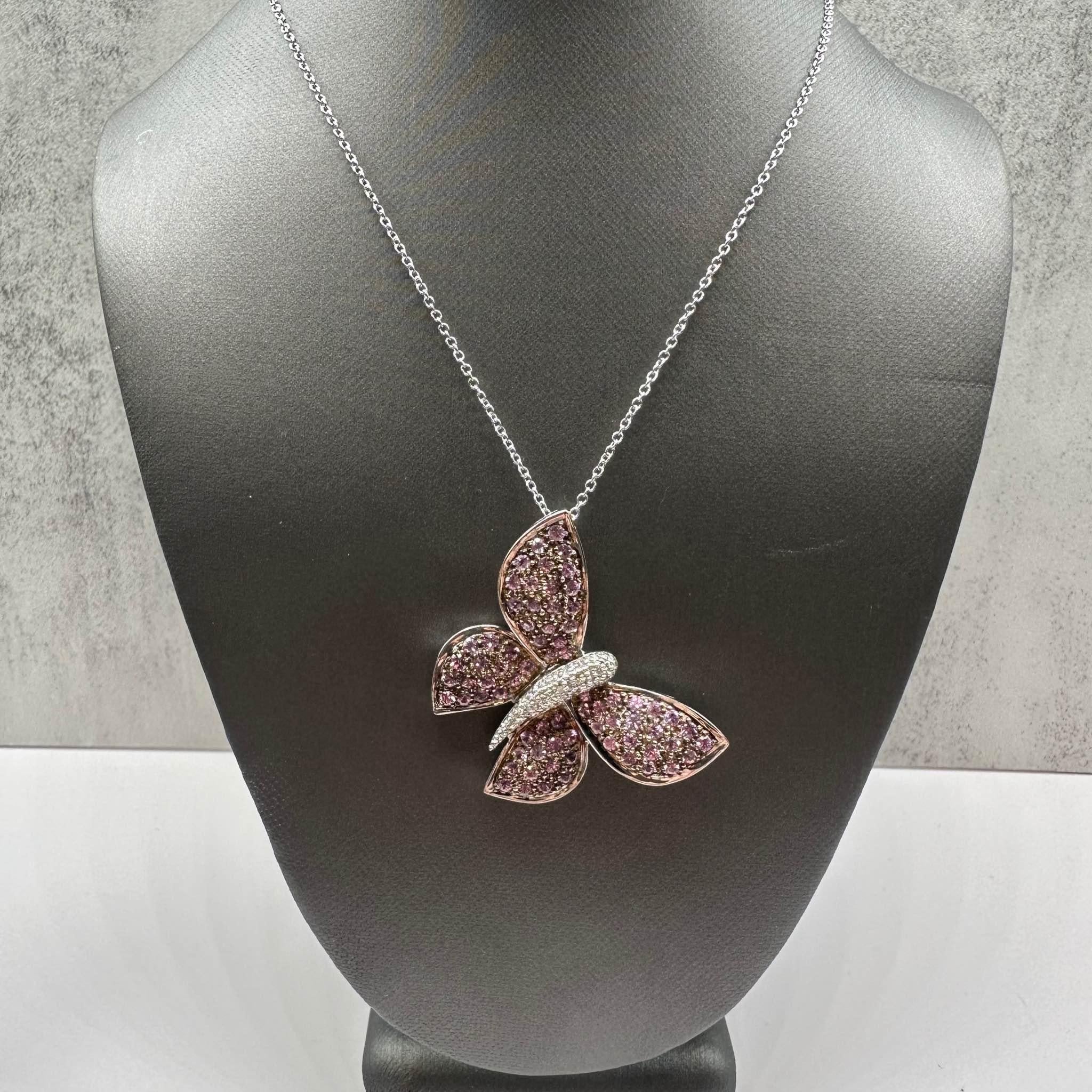 Estate Diamond Sapphire Butterfly Brooch Necklace 0.10ctw Pre Loved