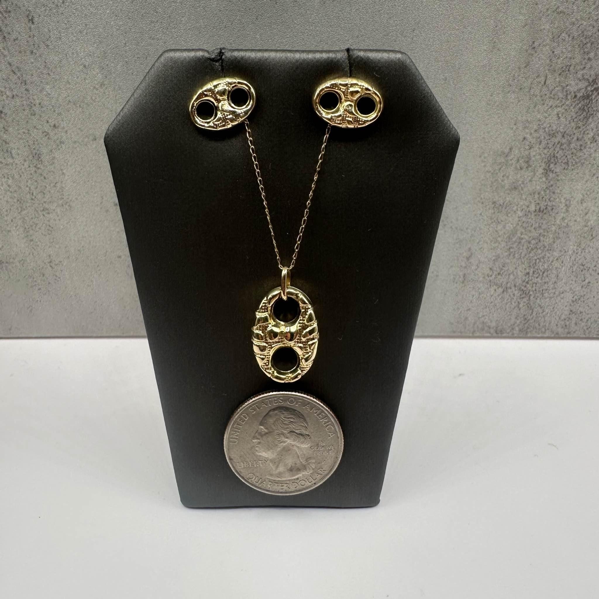 Estate Textured Puff Pendant Earrings Set 14K Yellow Gold 20in 2.6g