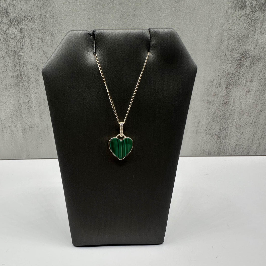 Malachite & Diamond Heart Necklace in 14kt Yellow Gold - 0.03ctw Diamonds, 18