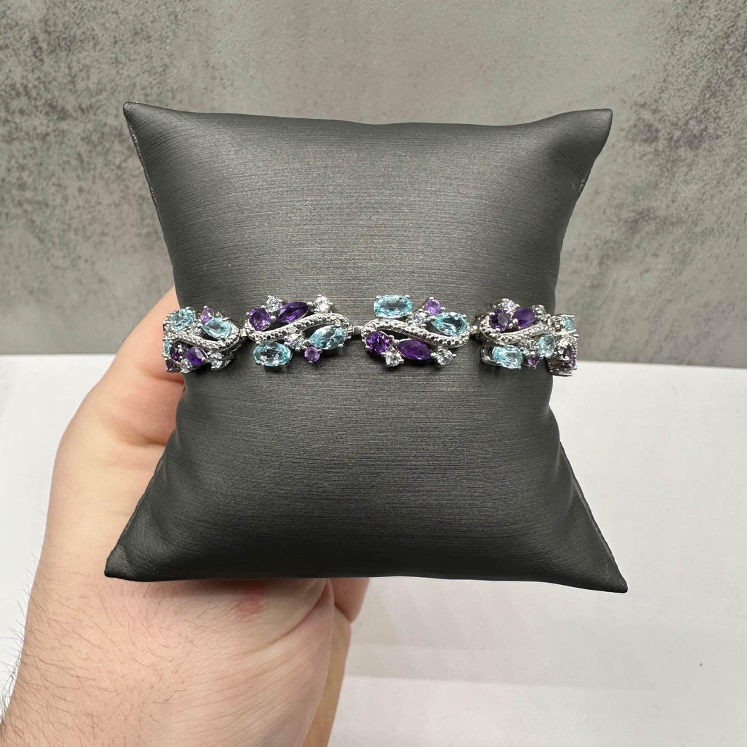 Gemstone Bracelet in Sterling Silver - 10ctw Amethyst, Blue Topaz, White Topaz