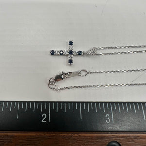 Diamond & Sapphire Cross Necklace in 10kt White Gold - 0.10ctw Diamonds, 16-18"