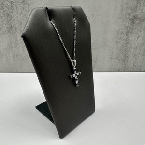 Diamond & Sapphire Cross Necklace in 10kt White Gold - 0.10ctw Diamonds, 16-18"