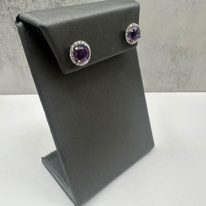 Amethyst & Diamond Earrings in 14kt White Gold - 6.5mm Amethyst, 0.2ctw Diamonds