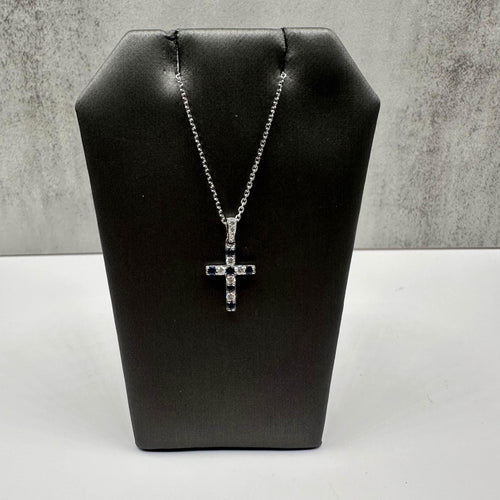 Diamond & Sapphire Cross Necklace in 10kt White Gold - 0.10ctw Diamonds, 16-18