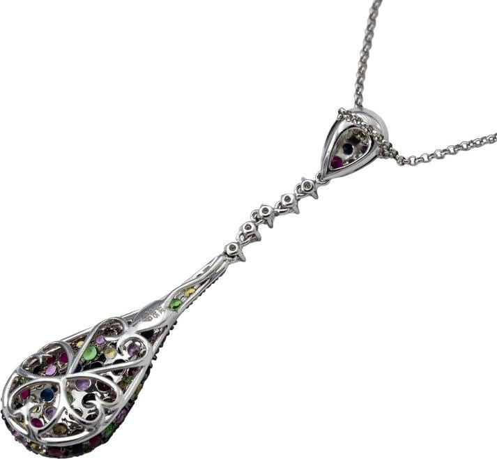 14k White Gold Round Diamond & Rainbow Gemstone Cluster Pendant Necklace 1.50CTW